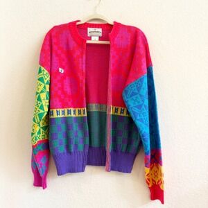 Obermeyer Tracy Vintage Ski Cardigan Sweater Womens Medium Pink Colorblock Wool